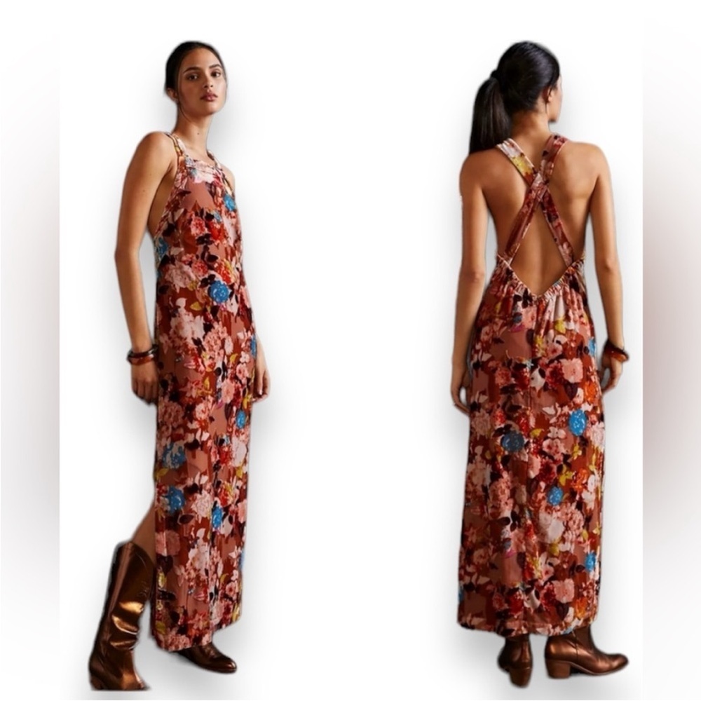 ❤️… ANTHROPOLOGIE VELVET Floral Maxi Dress with Cross-Back Design